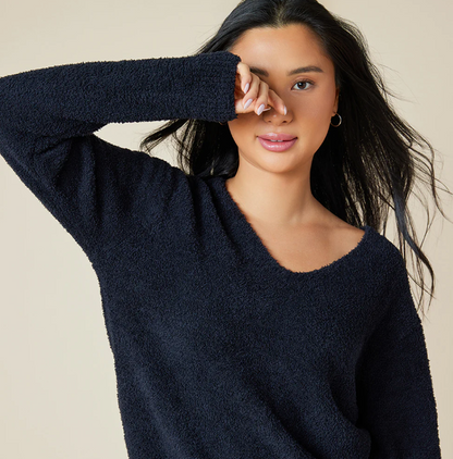 Solid Marshmallow V-Neck Lounge Set - Black