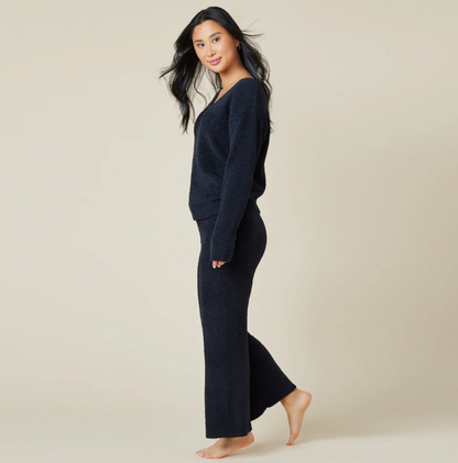 Solid Marshmallow V-Neck Lounge Set - Black