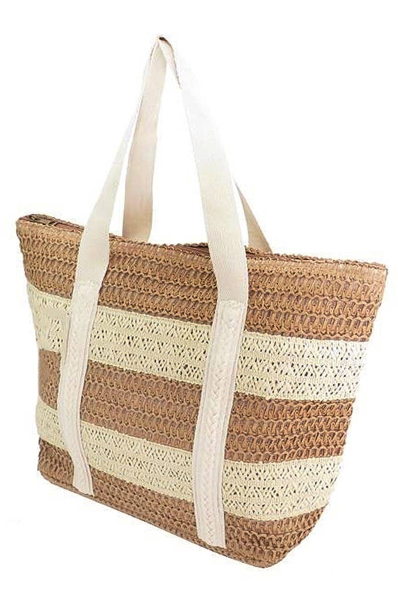 Boho Stripe Crochet Rattan Straw Wicker Beach Tote - Veranda Cafe & Mercantile