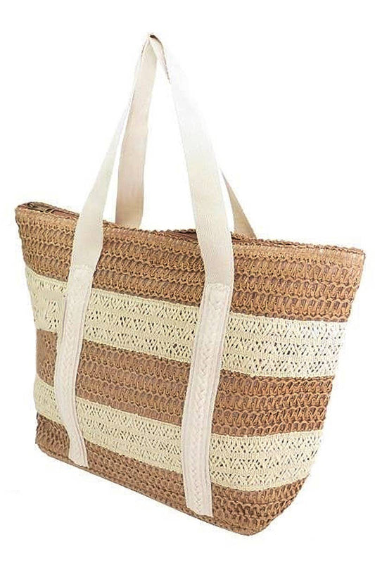 Boho Stripe Crochet Rattan Straw Wicker Beach Tote - Veranda Cafe & Mercantile