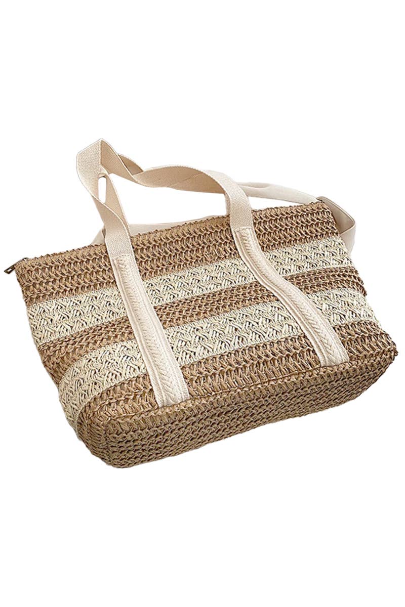 Boho Stripe Crochet Rattan Straw Wicker Beach Tote - Veranda Cafe & Mercantile