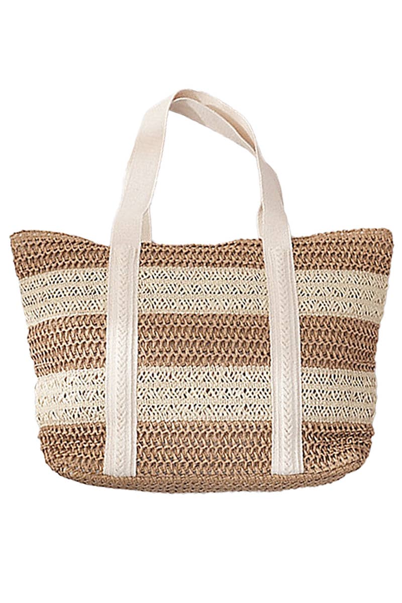 Boho Stripe Crochet Rattan Straw Wicker Beach Tote - Veranda Cafe & Mercantile