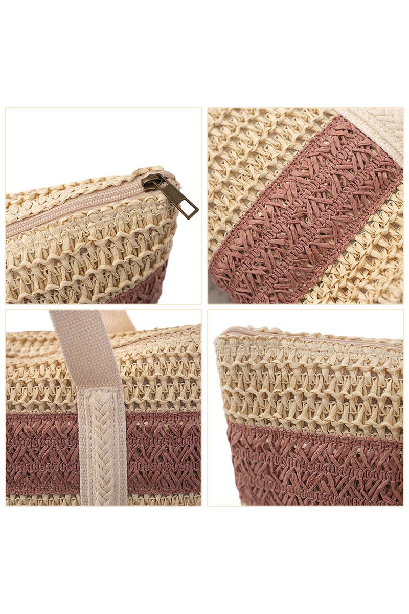 Boho Stripe Crochet Rattan Straw Wicker Beach Tote - Veranda Cafe & Mercantile