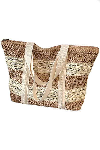 Boho Stripe Crochet Rattan Straw Wicker Beach Tote - Veranda Cafe & Mercantile