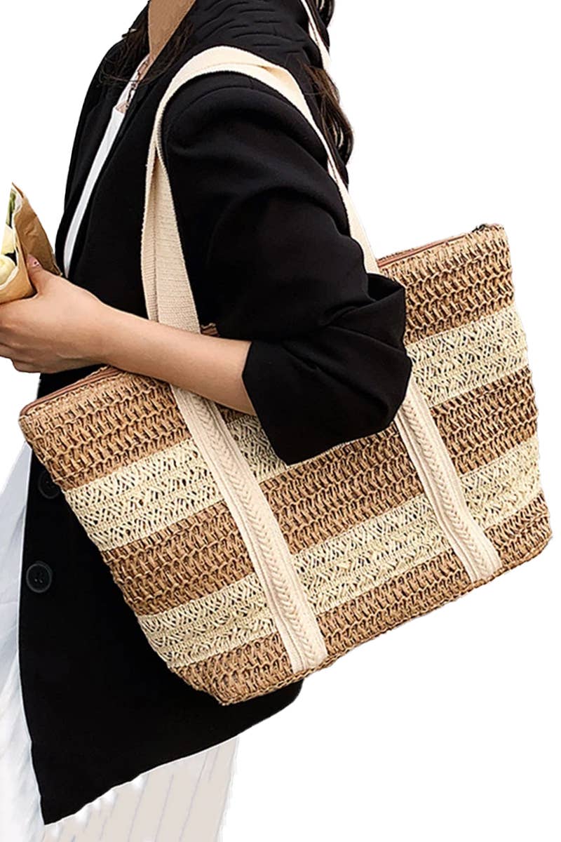 Boho Stripe Crochet Rattan Straw Wicker Beach Tote - Veranda Cafe & Mercantile