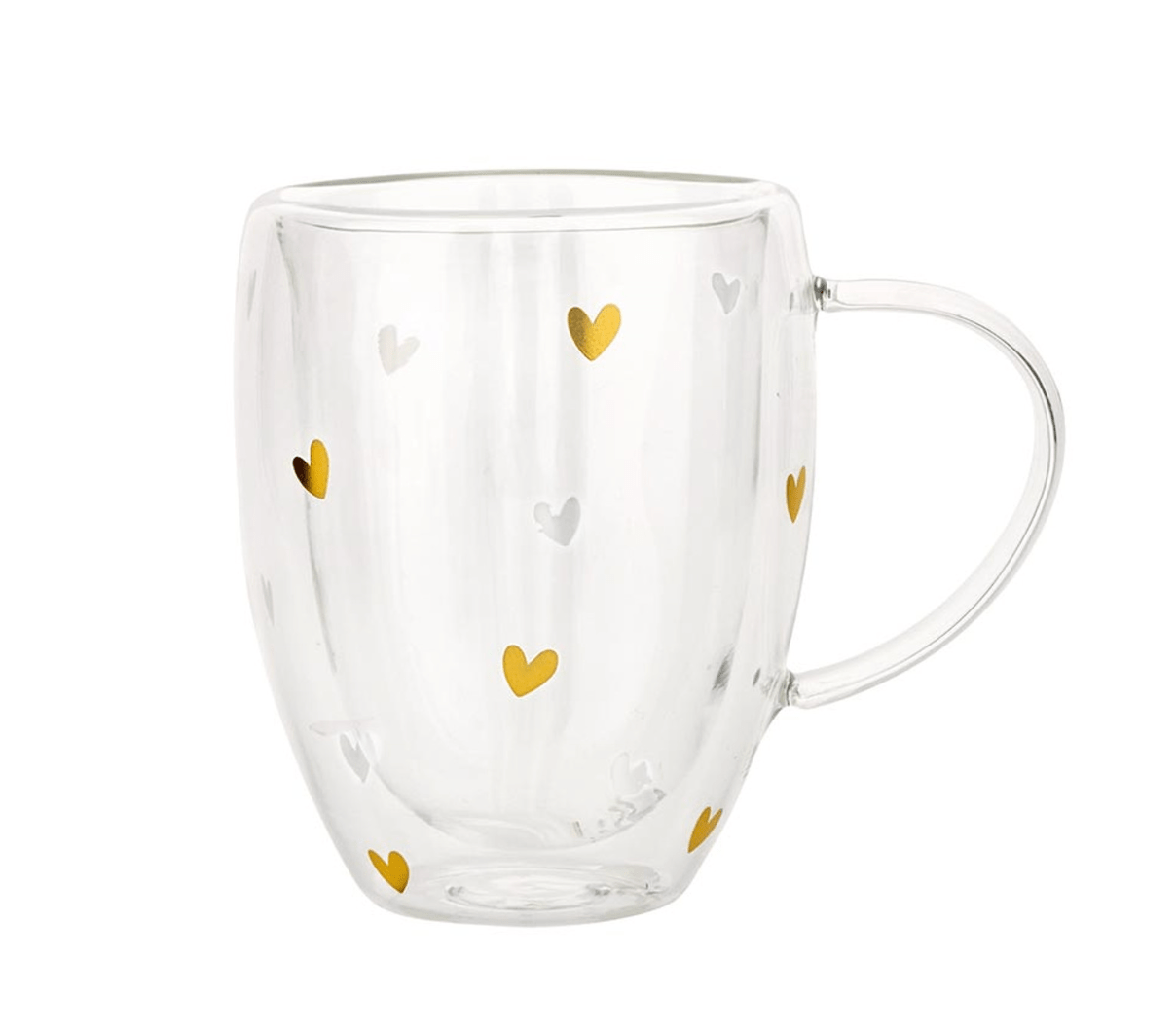 Double - Wall Tea Cup with Handle - Gold Foil Hearts - Veranda Cafe & Mercantile