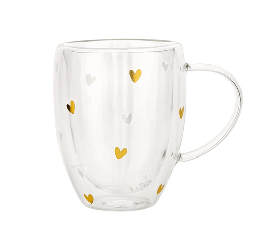 Double - Wall Tea Cup with Handle - Gold Foil Hearts - Veranda Cafe & Mercantile