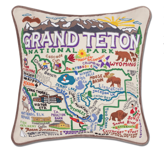 Grand Teton Hand - Embroidered Pillow - Veranda Cafe & Mercantile