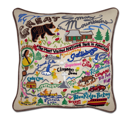 Great Smoky Mountains Hand - Embroidered Pillow - Veranda Cafe & Mercantile