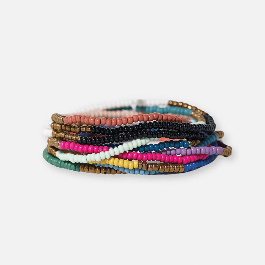 Sage Color Block Beaded 10 Strand Stretch Bracelets Gold Block - Veranda Cafe & Mercantile