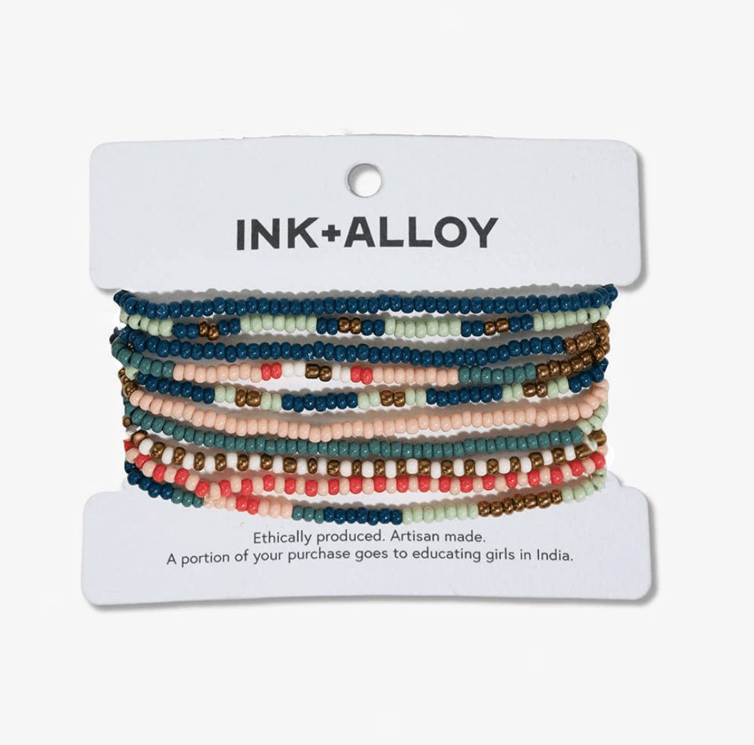 Sage Mixed Stripe Beaded 10 Strand Stretch Bracelet Set Teal + Poppy - Veranda Cafe & Mercantile