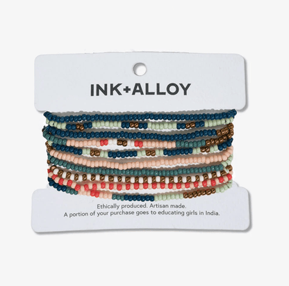 Sage Mixed Stripe Beaded 10 Strand Stretch Bracelet Set Teal + Poppy - Veranda Cafe & Mercantile