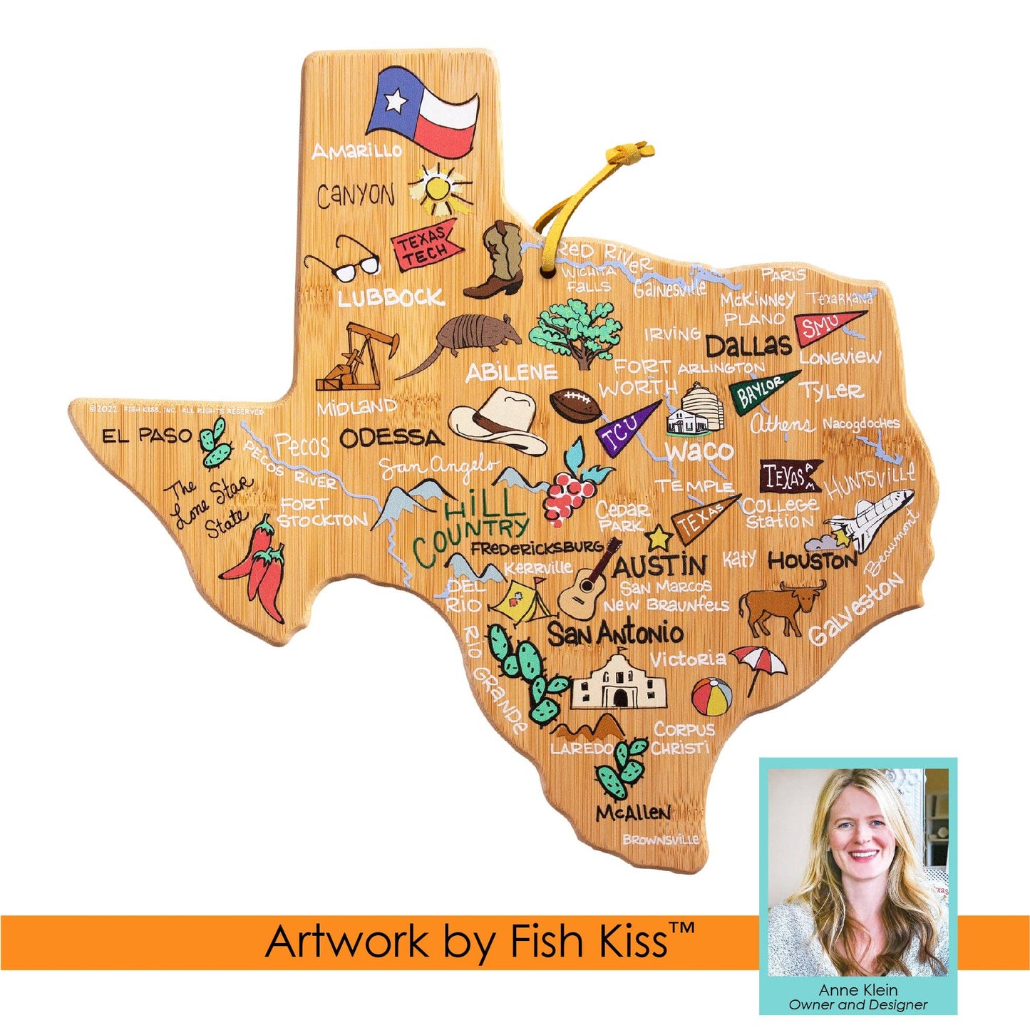 Texas Cutting Board with Artwork by Fish Kiss™ - Veranda Cafe & Mercantile
